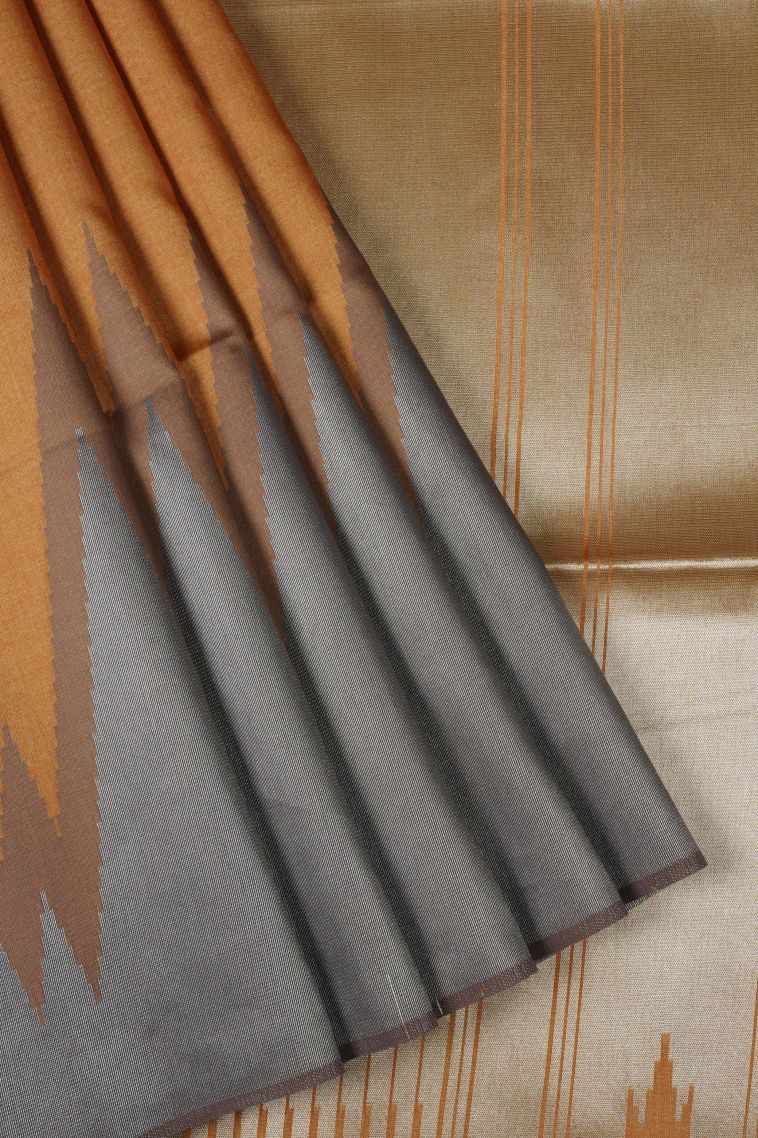 Gold Tussar Saree with Silver Zari Floral Patterns view 1