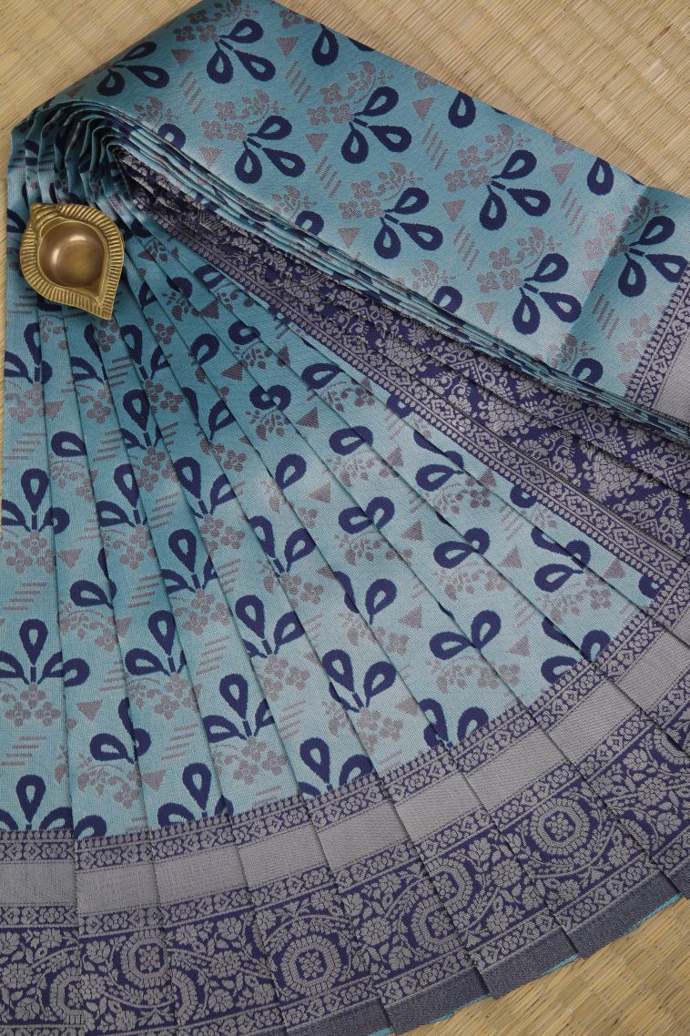 Cerulean Blue Visiri Madippu Silk Sarees with Silver Zari Floral Patterns view 1