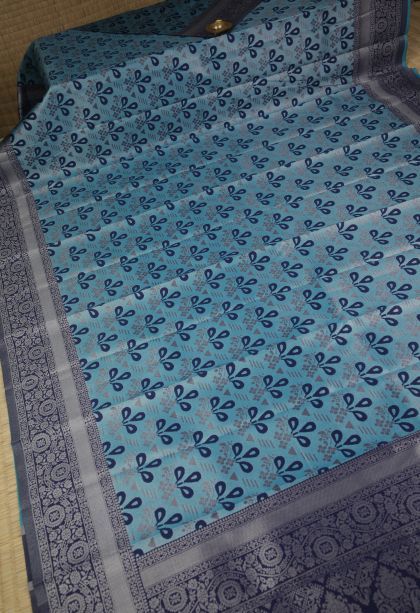 Cerulean Blue Visiri Madippu Silk Sarees with Silver Zari Floral Patterns