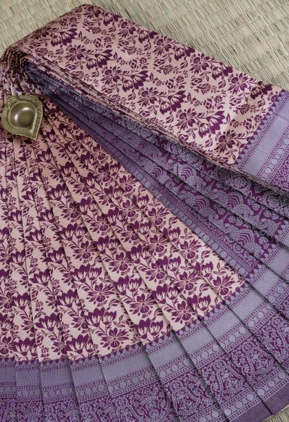 Peach Pink Visiri Madippu Silk Sarees with Silver Zari Floral Patterns