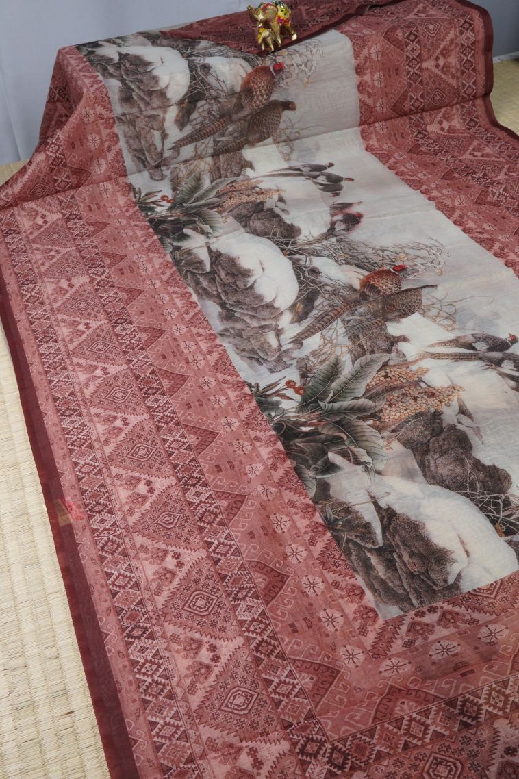 Cotton White Tussar Saree with Without Zari Zari Animal And Bird Motifs view 2