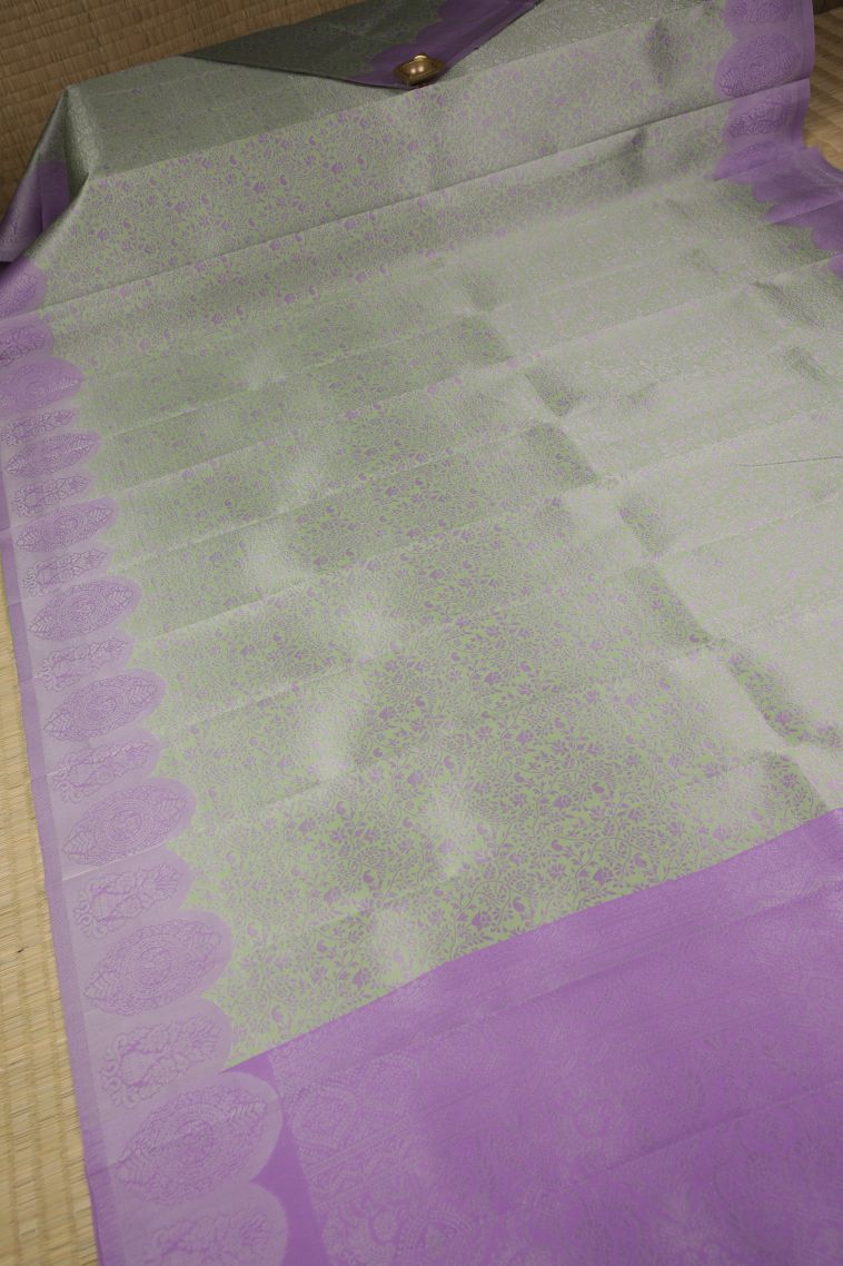 Pistachio Green Visiri Madippu Silk Sarees with Silver Zari Floral Patterns view 2