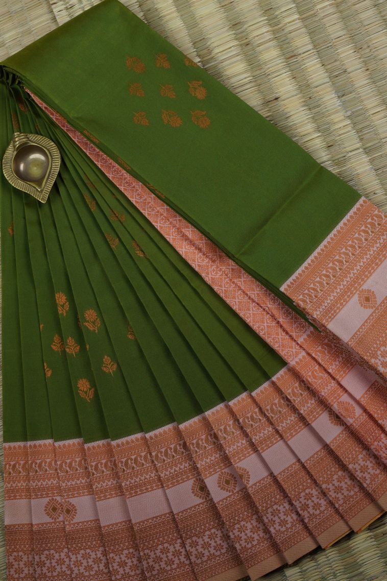 Juniper Green Visiri Madippu Silk Sarees with Gold Zari Buttis (small Dots Or Motifs) view 1