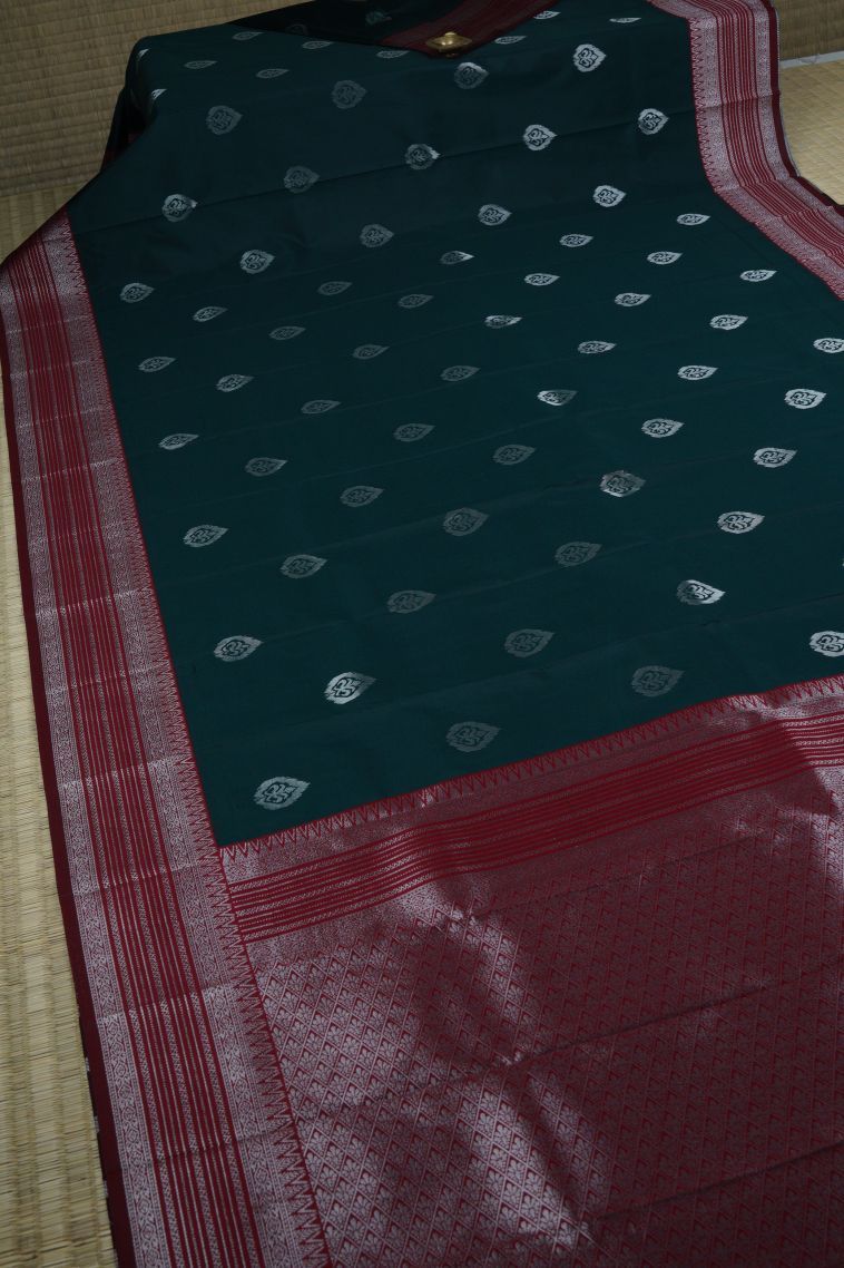 Bottle Green Visiri Madippu Silk Sarees with Silver Zari Buttis (small Dots Or Motifs) view 2