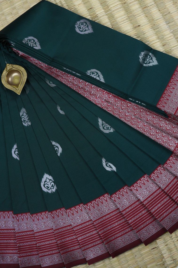 Bottle Green Visiri Madippu Silk Sarees with Silver Zari Buttis (small Dots Or Motifs) view 1