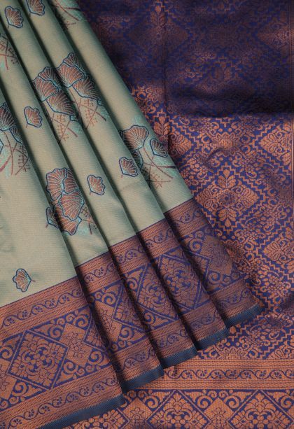 Teal Blue Apoorva Silk Sarees with Copper Zari Floral Patterns