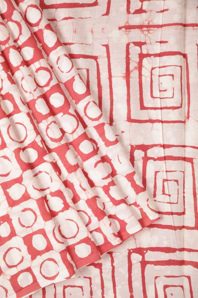 Blush Red Cotton Sarees with Without Zari Zari Geometric Shapes view 1