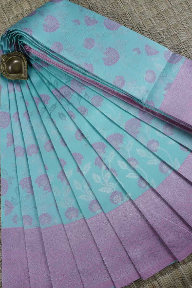 Arctic Blue Visiri Madippu Silk Sarees with Silver Zari Floral Patterns view 1