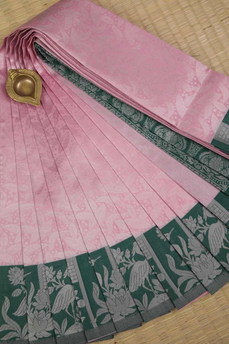 Ballet Pink Visiri Madippu Silk Sarees with Silver Zari Floral Patterns view 1