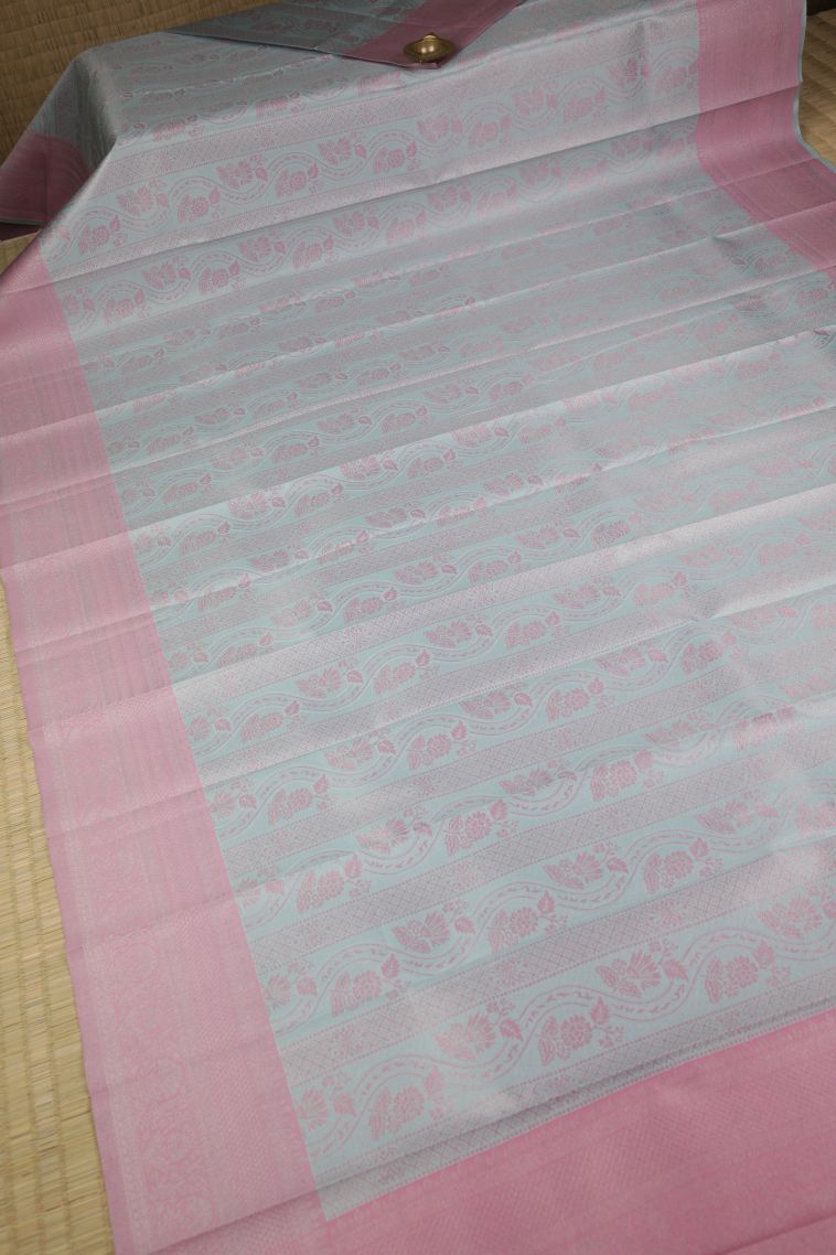 Sky Blue Visiri Madippu Silk Sarees with Silver Zari Floral Patterns view 2