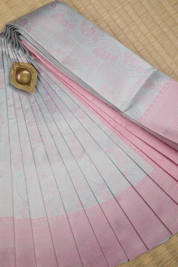 Sky Blue Visiri Madippu Silk Sarees with Silver Zari Floral Patterns view 1