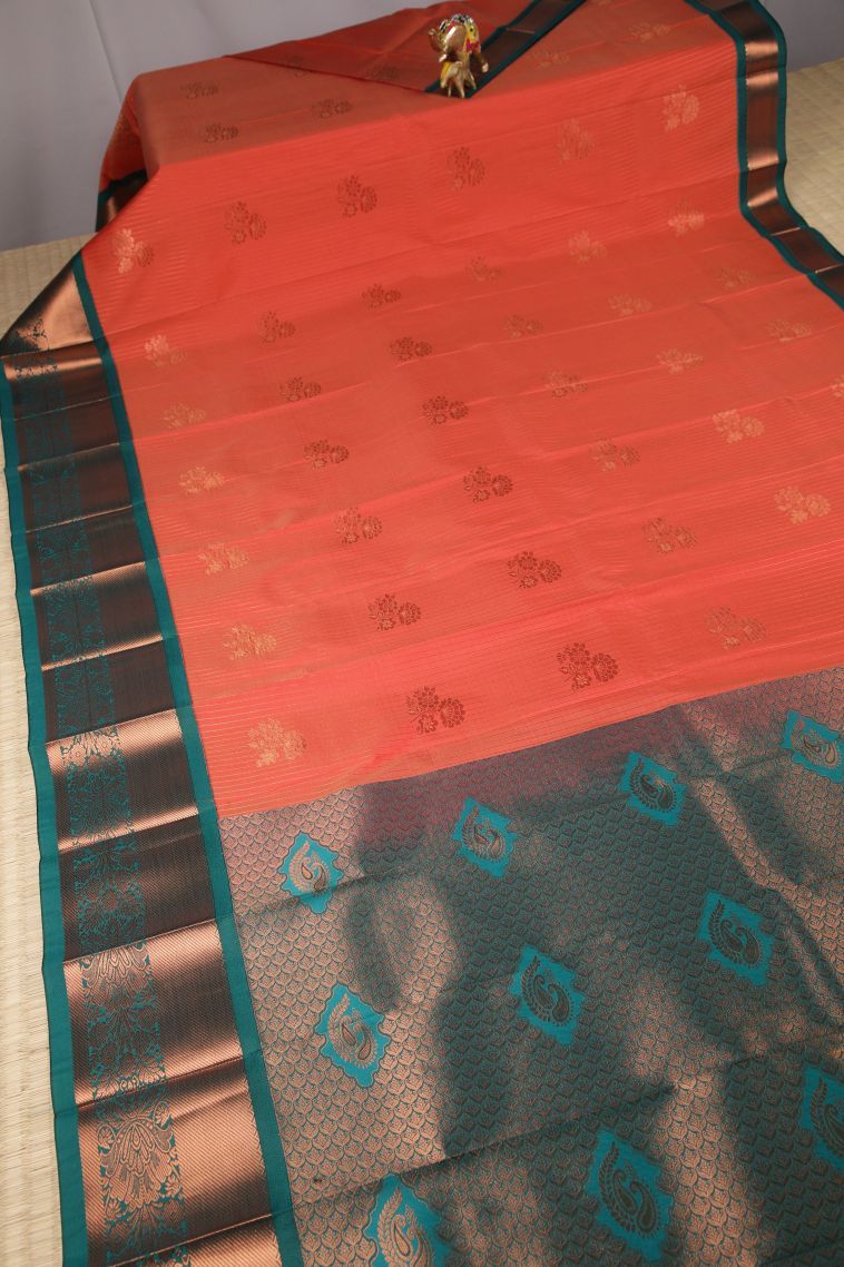 Rose  Red Visiri Madippu Silk Sarees with Copper Zari Stripes view 2