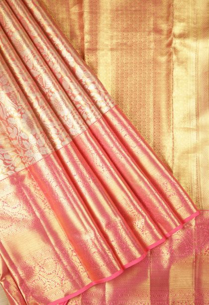 Peach Pink Kanchipuram Silk Sarees with Gold Zari Floral Patterns