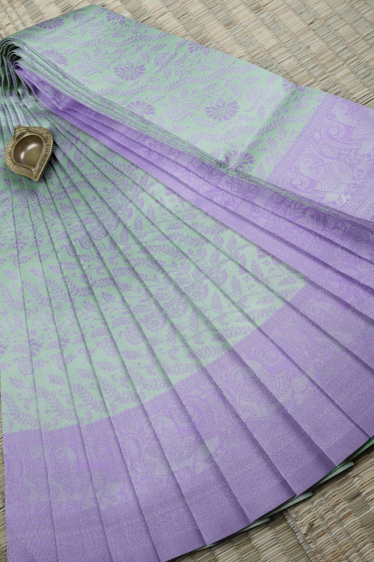 Pistachio Green Visiri Madippu Silk Sarees with Silver Zari Floral Patterns view 1