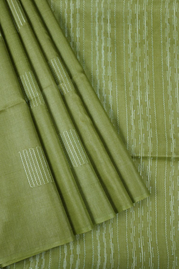 Pickle Green Tussar Saree with Without Zari Zari Buttis (small Dots Or Motifs) view 1