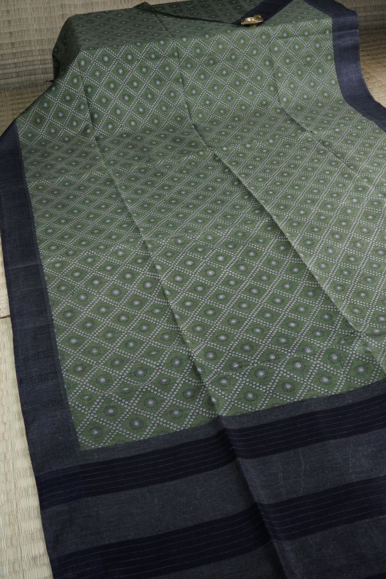 Olive Green Chanderi Cotton Sarees with Without Zari Zari Floral Patterns view 2