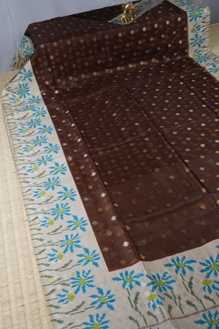 Caramel Brown Tussar Saree with Without Zari Zari Buttis (small Dots Or Motifs) view 2