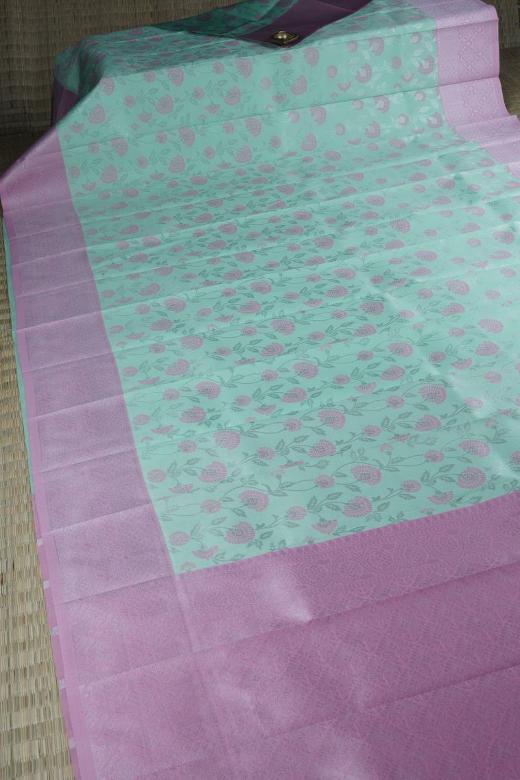 Arctic Blue Visiri Madippu Silk Sarees with Silver Zari Floral Patterns view 2