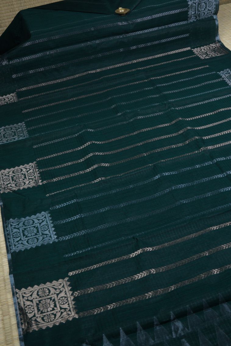 Bottle Green Tussar Saree with Gold And Silver Zari Stripes view 2