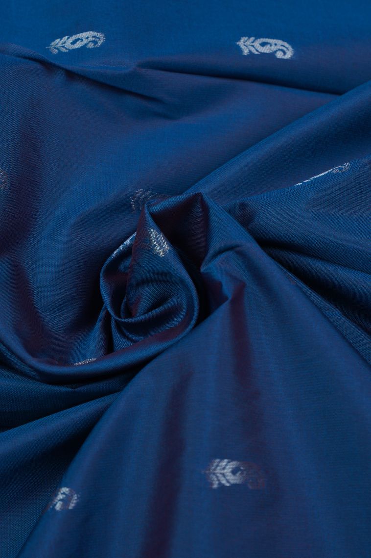 Cerulean Blue Visiri Madippu Silk Sarees with Gold And Silver Zari Buttis (small Dots Or Motifs) view 4