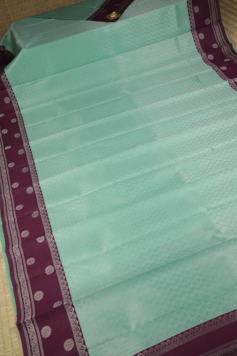 Pistachio Green Visiri Madippu Silk Sarees with Silver Zari Floral Patterns view 2