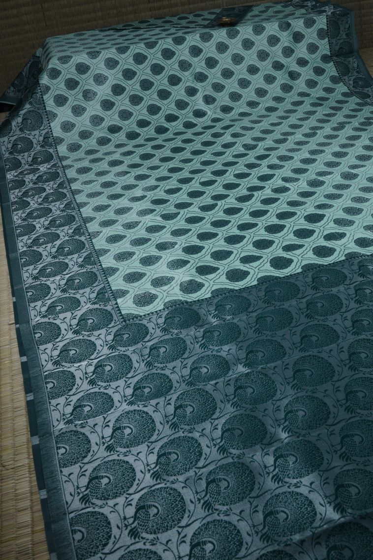 Sapphire Blue Visiri Madippu Silk Sarees with Silver Zari Floral Patterns view 2