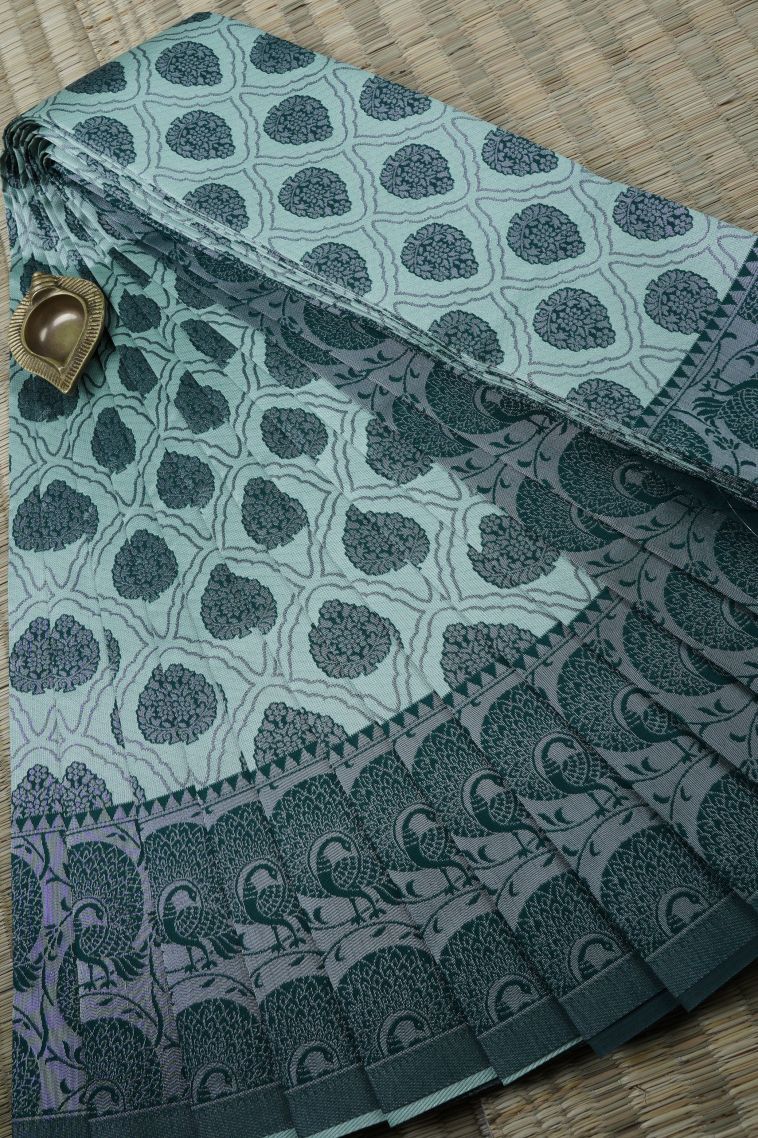 Sapphire Blue Visiri Madippu Silk Sarees with Silver Zari Floral Patterns view 1