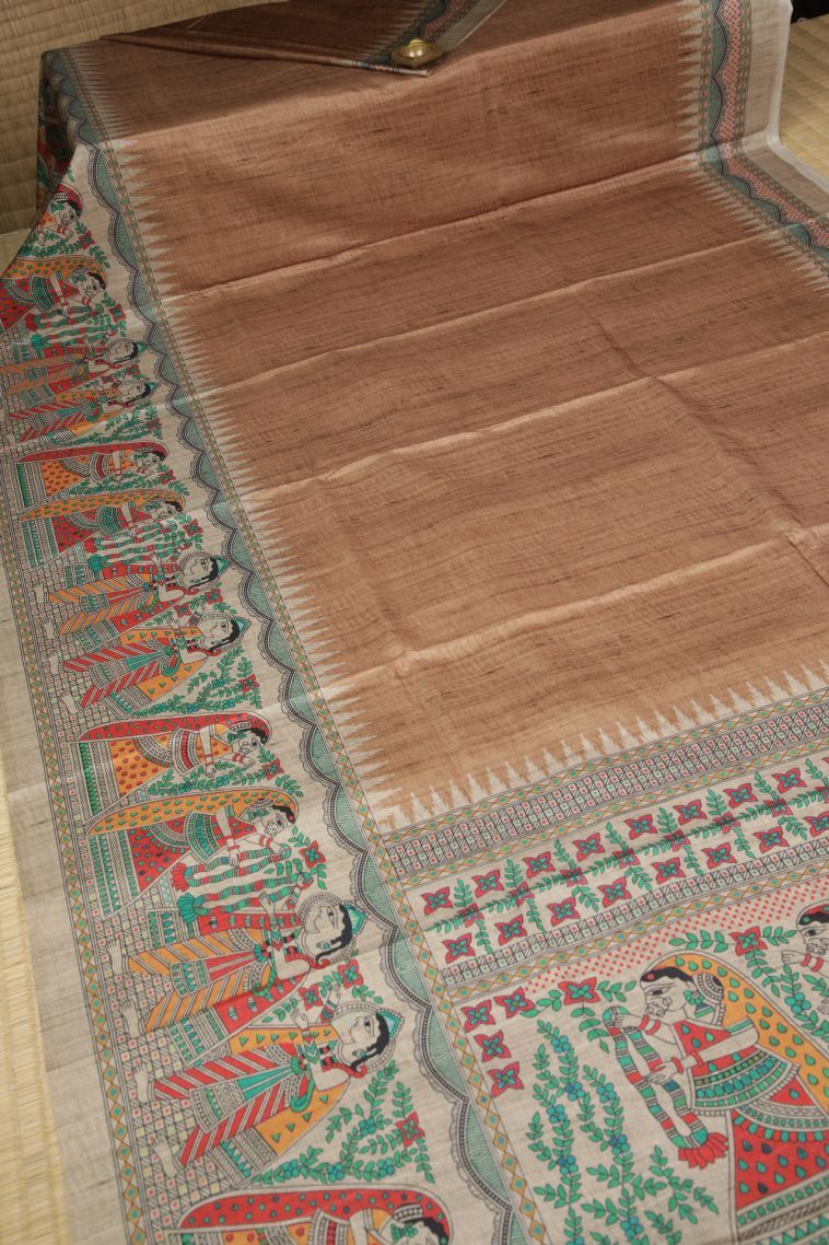 Peanut Brown Tussar Saree with Without Zari Zari Plain view 2