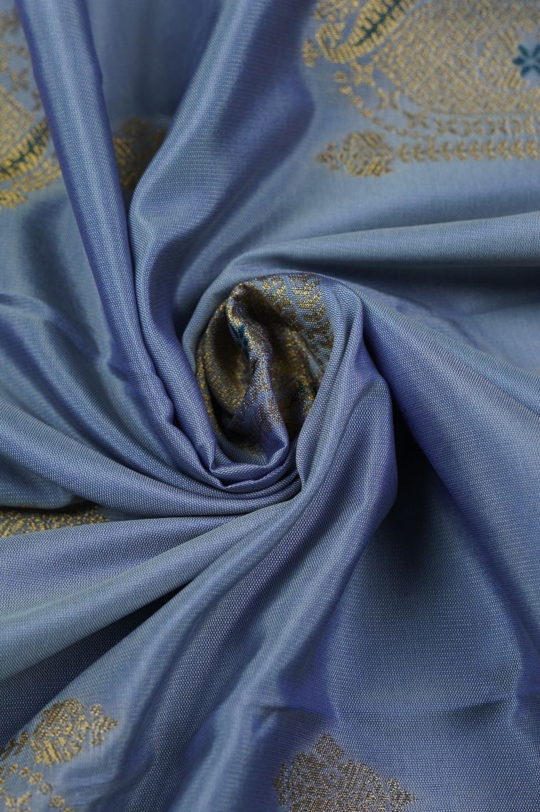 Slate Blue Visiri Madippu Silk Sarees with Gold And Silver Zari Buttis (small Dots Or Motifs) view 4