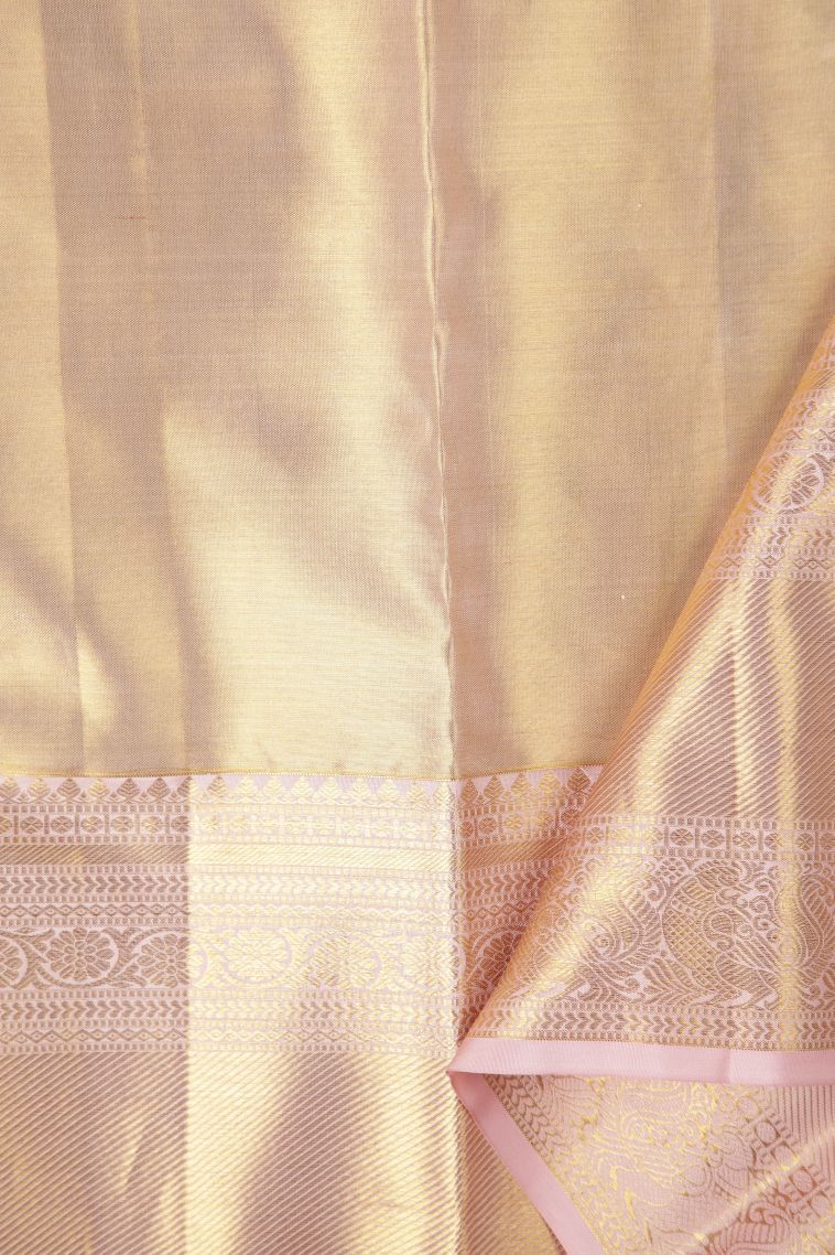 Gold Kanchipuram Silk Sarees with Gold Zari Floral Patterns view 3