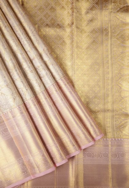 Gold Kanchipuram Silk Sarees with Gold Zari Floral Patterns