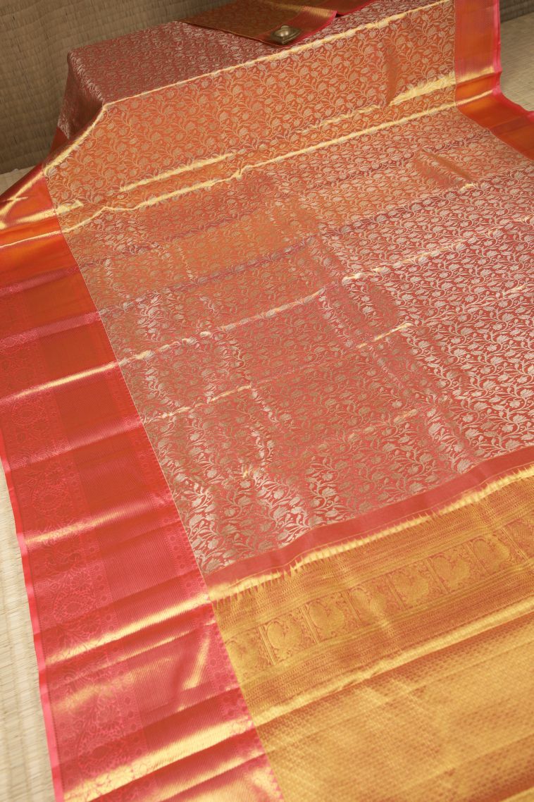 Peach Pink Kanchipuram Silk Sarees with Gold Zari Floral Patterns view 2