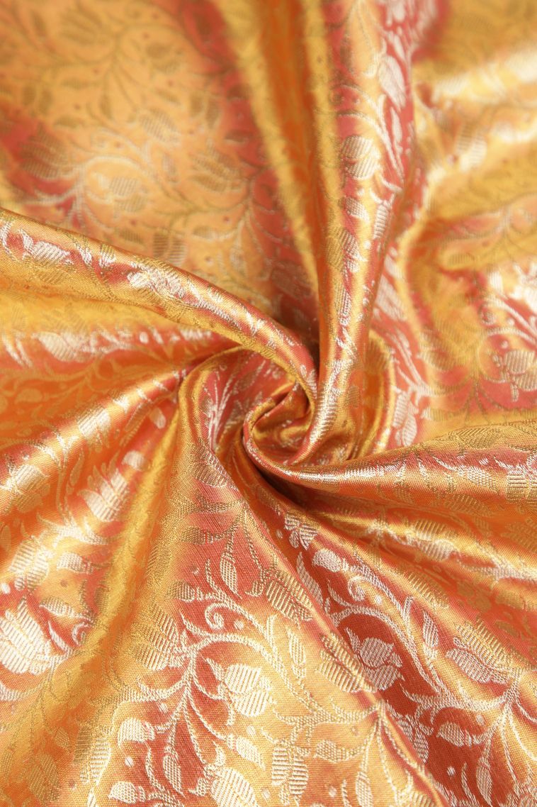 Peach Pink Kanchipuram Silk Sarees with Gold Zari Floral Patterns view 4