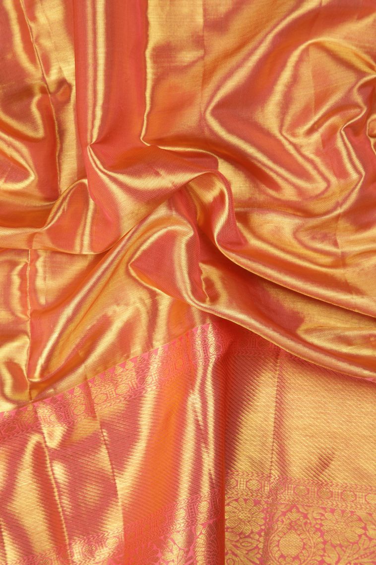 Peach Pink Kanchipuram Silk Sarees with Gold Zari Floral Patterns view 3