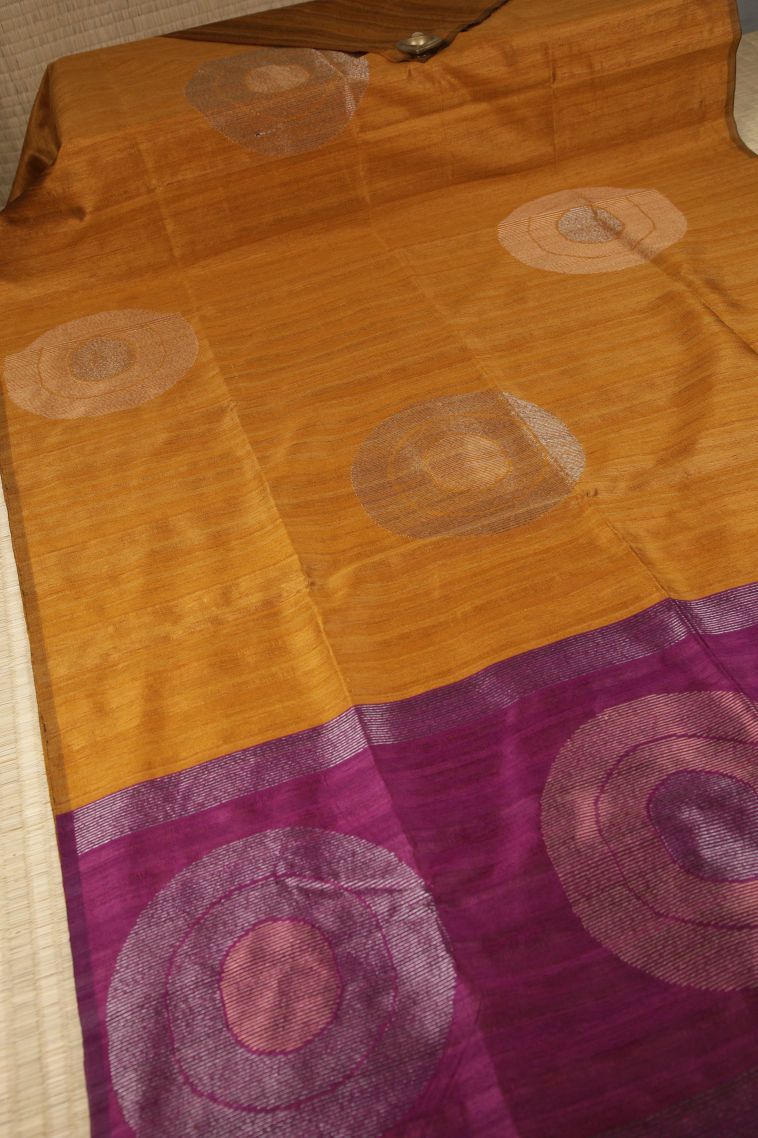 Apricot Orange Tussar Saree with Gold Zari Buttis (small Dots Or Motifs) view 2