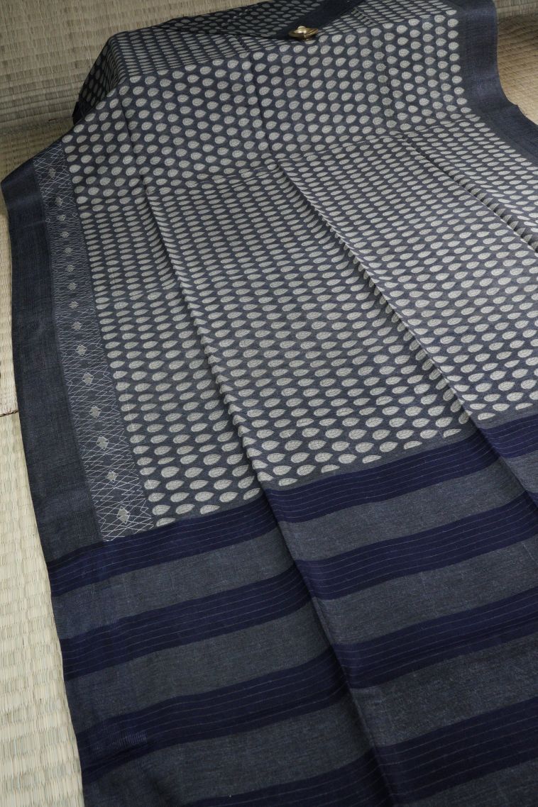 Charcoal Black Chanderi Cotton Sarees with Without Zari Zari Floral Patterns view 2