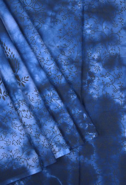 Admiral Blue Cotton Sarees with Without Zari Zari Floral Patterns