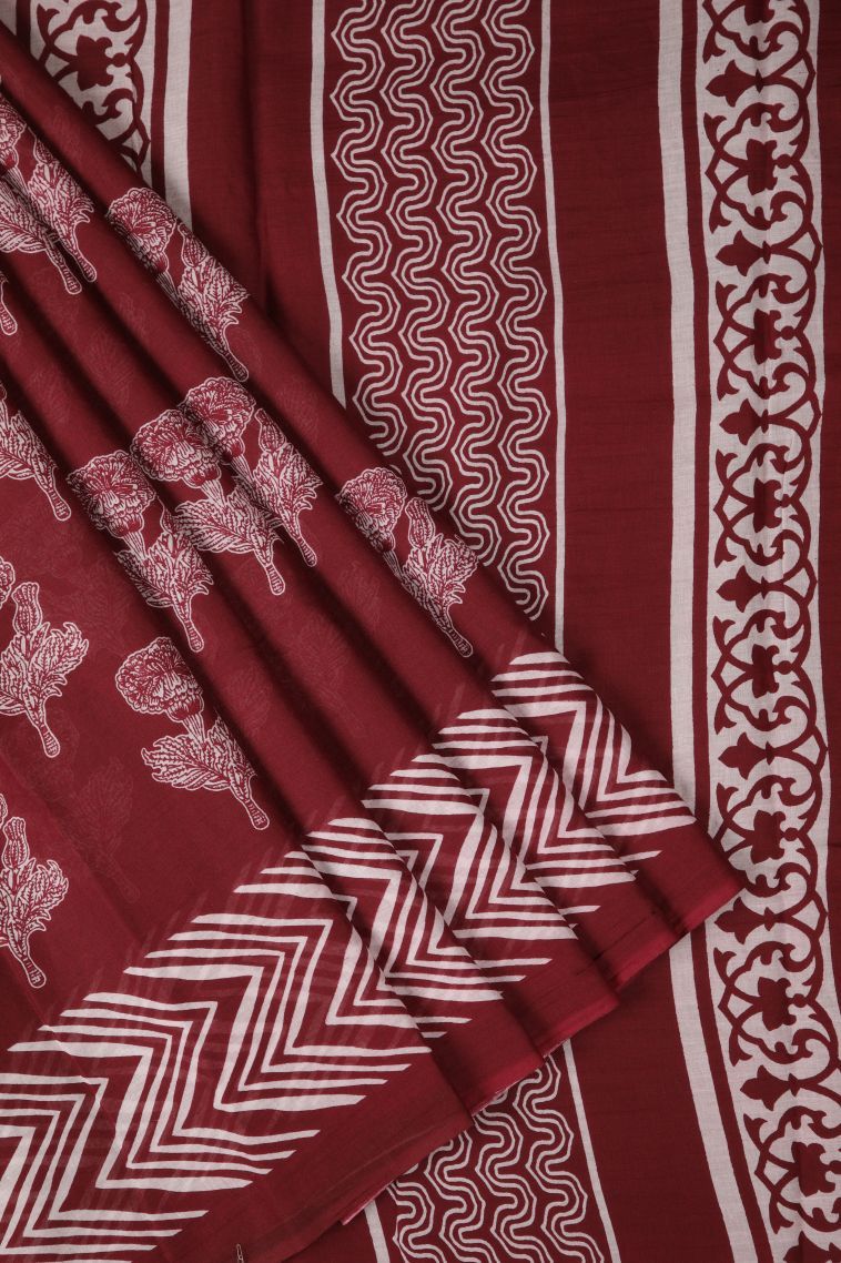 Berry Red Cotton Sarees with Without Zari Zari Floral Patterns view 1