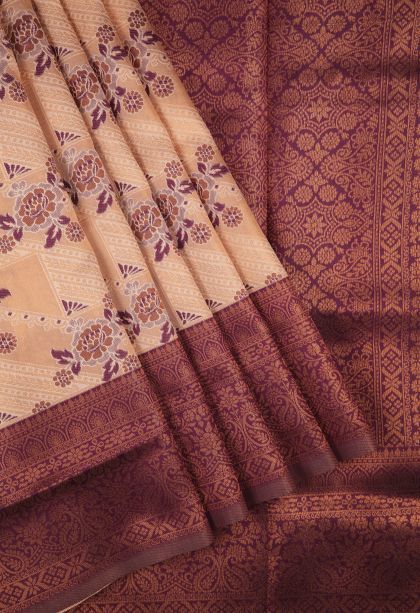 Peach Pink Apoorva Silk Sarees with Copper Zari Floral Patterns