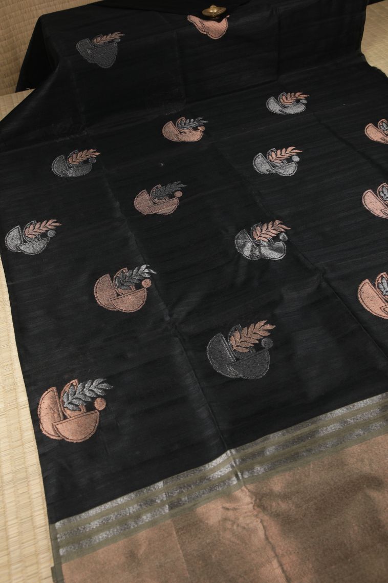 Asphalt Black Tussar Saree with Copper Zari Buttis (small Dots Or Motifs) view 2