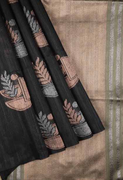 Asphalt Black Tussar Saree with Copper Zari Buttis (small Dots Or Motifs)