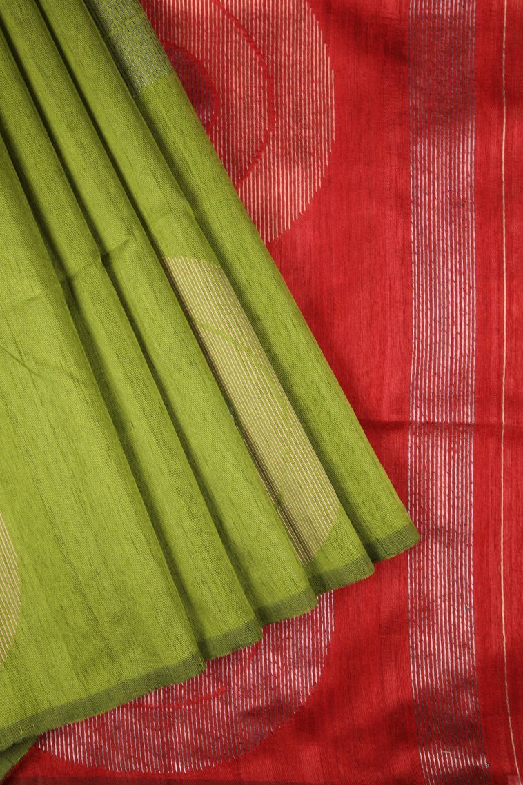 Lime Green Tussar Saree with Gold Zari Buttis (small Dots Or Motifs) view 1