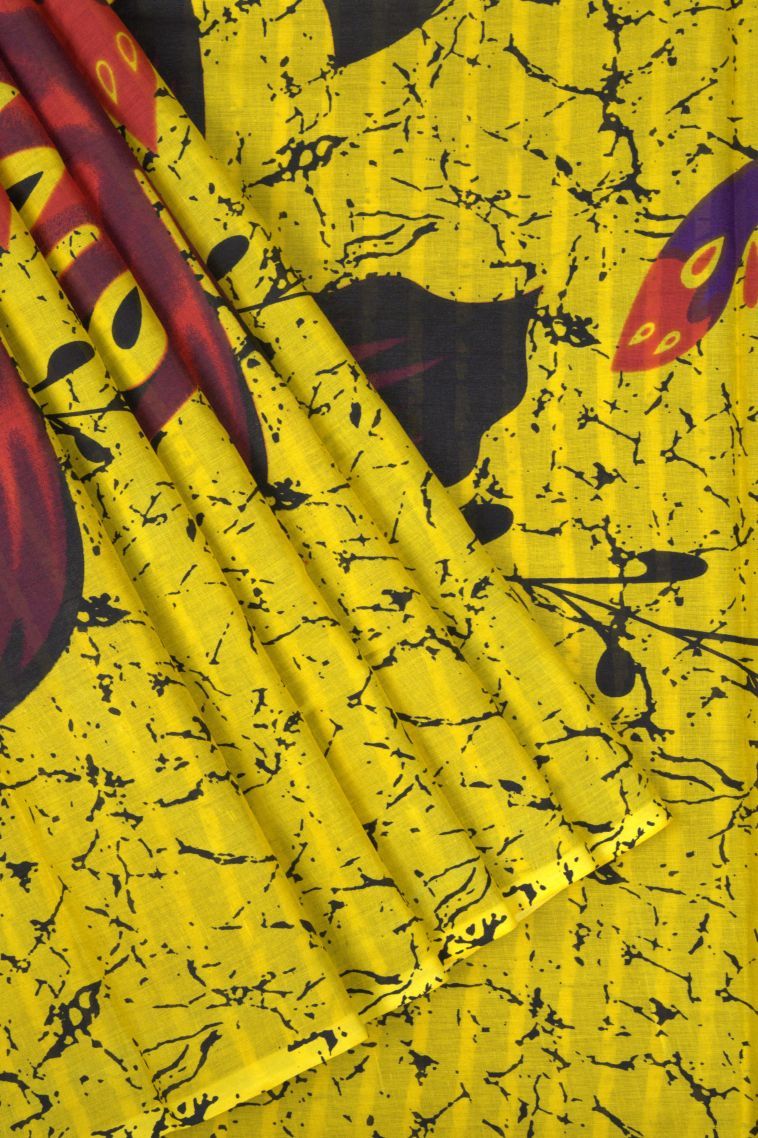 Lemon Yellow Cotton Sarees with Without Zari Zari Floral Patterns view 1