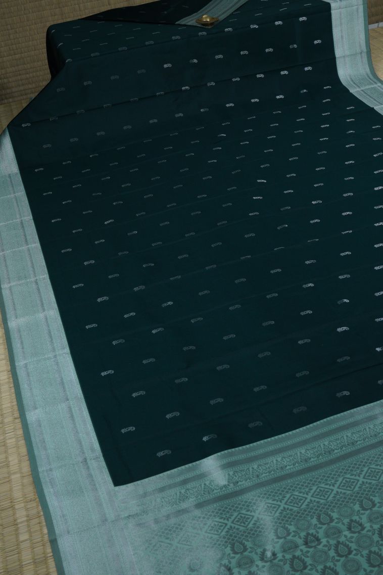 Bottle Green Visiri Madippu Silk Sarees with Silver Zari Buttis (small Dots Or Motifs) view 2