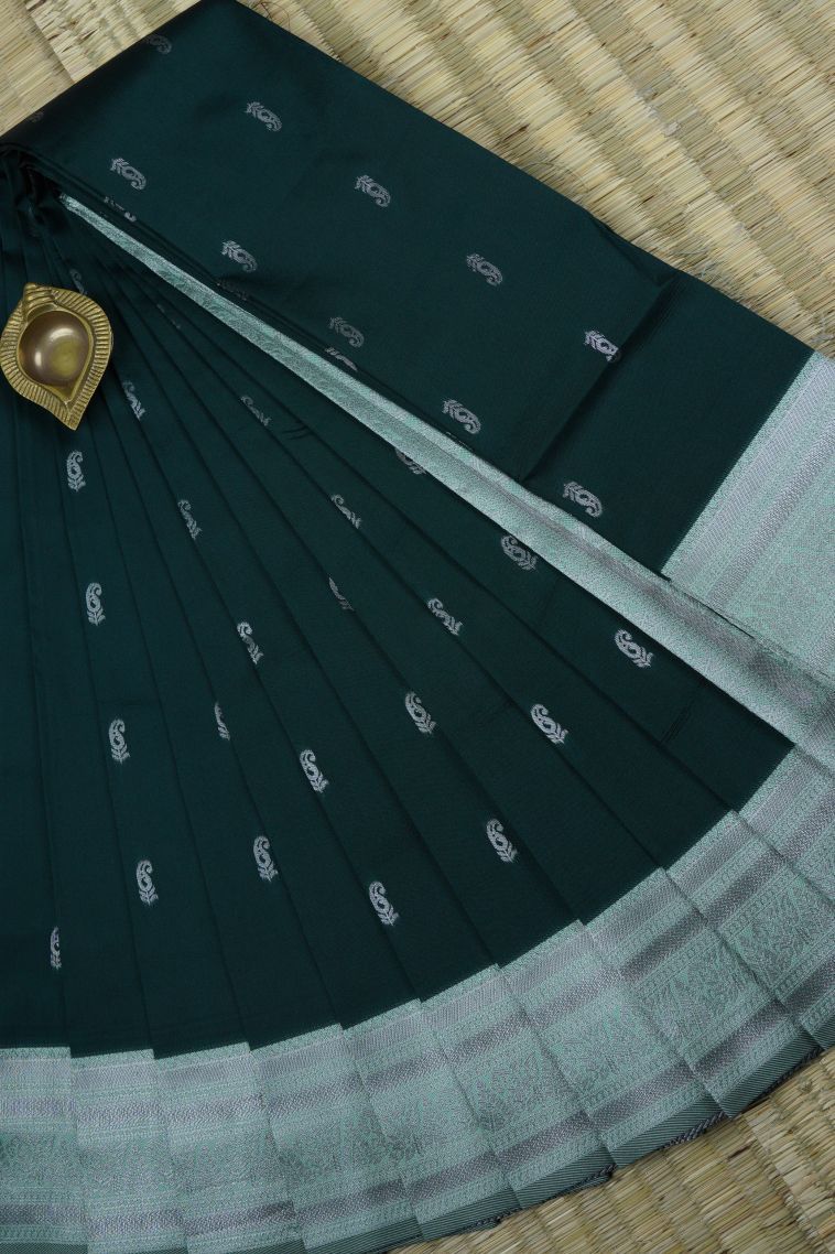 Bottle Green Visiri Madippu Silk Sarees with Silver Zari Buttis (small Dots Or Motifs) view 1