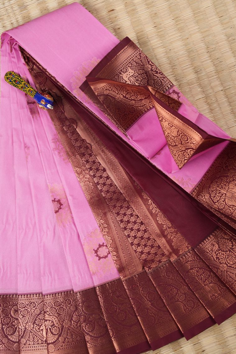 Rouge Pink Visiri Madippu Silk Sarees with Copper Zari Stripes view 1