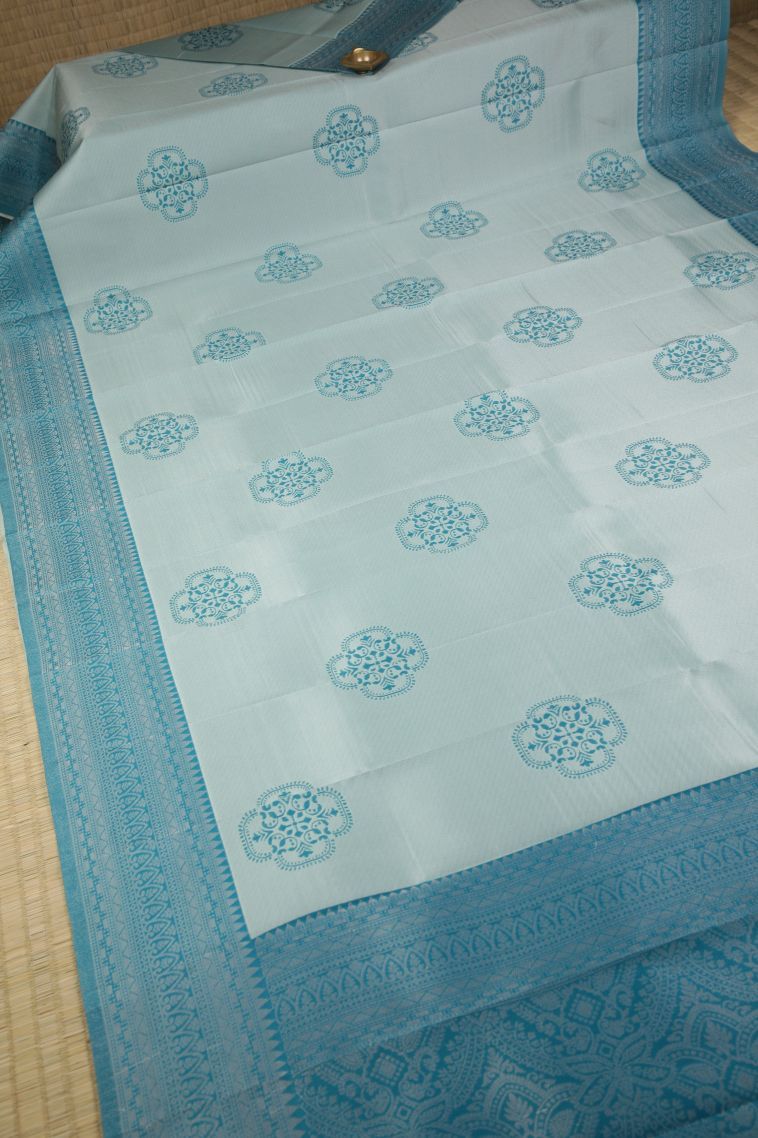 Sky Blue Visiri Madippu Silk Sarees with Silver Zari Floral Patterns view 2