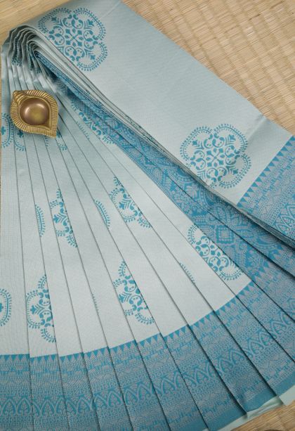Sky Blue Visiri Madippu Silk Sarees with Silver Zari Floral Patterns