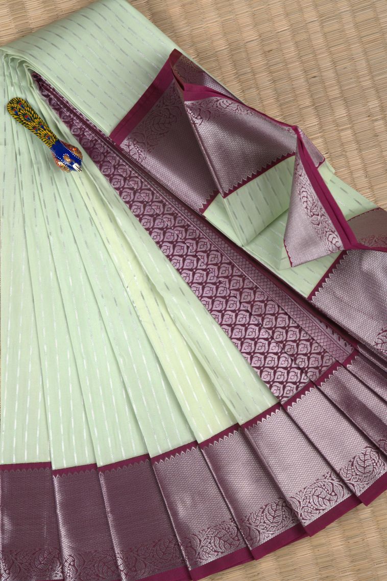 Alabaster White Visiri Madippu Silk Sarees with Silver Zari Stripes view 1