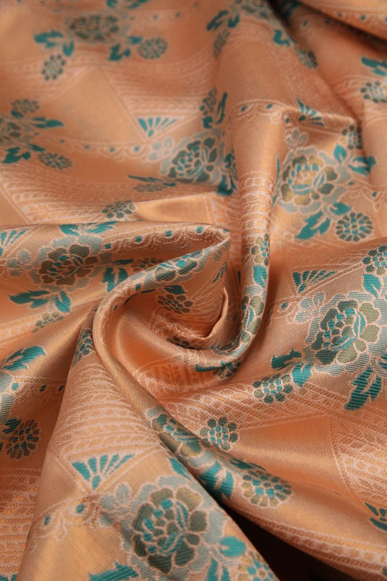 Peach Pink Apoorva Silk Sarees with Copper Zari Floral Patterns view 4